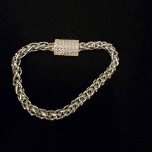 Magnetic Clasp Silver Chain Bracelet With Gold And Rhinestone Barrel Clasp